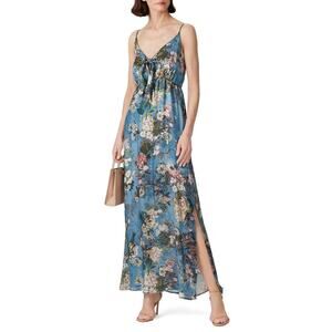 LOUNA Blue Floral Printed Tie Front Waist Mid Slit Maxi Tropical Dress Size S